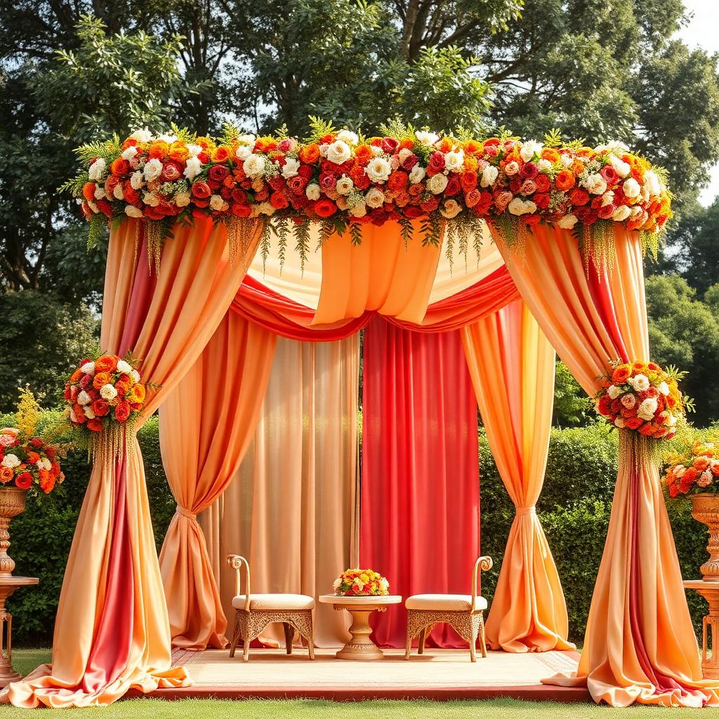 Outdoor mandap with marigold and rose floral arrangement