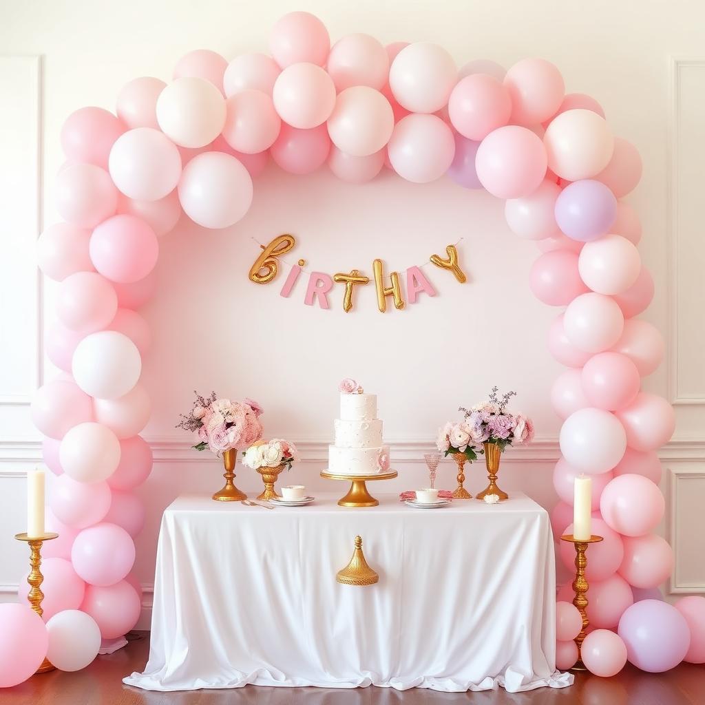 Pastel balloon arch and cake table for birthday celebration