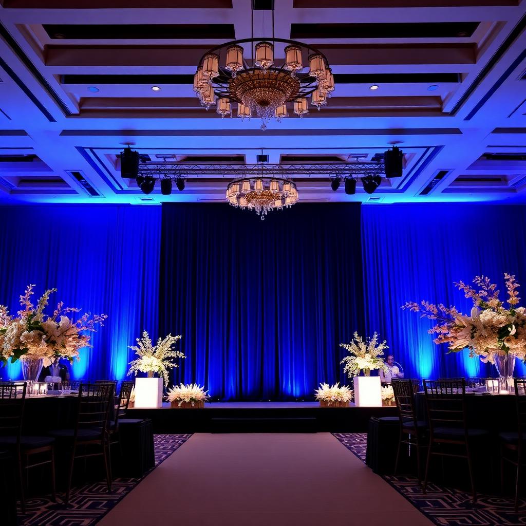 Modern corporate gala stage with blue uplighting